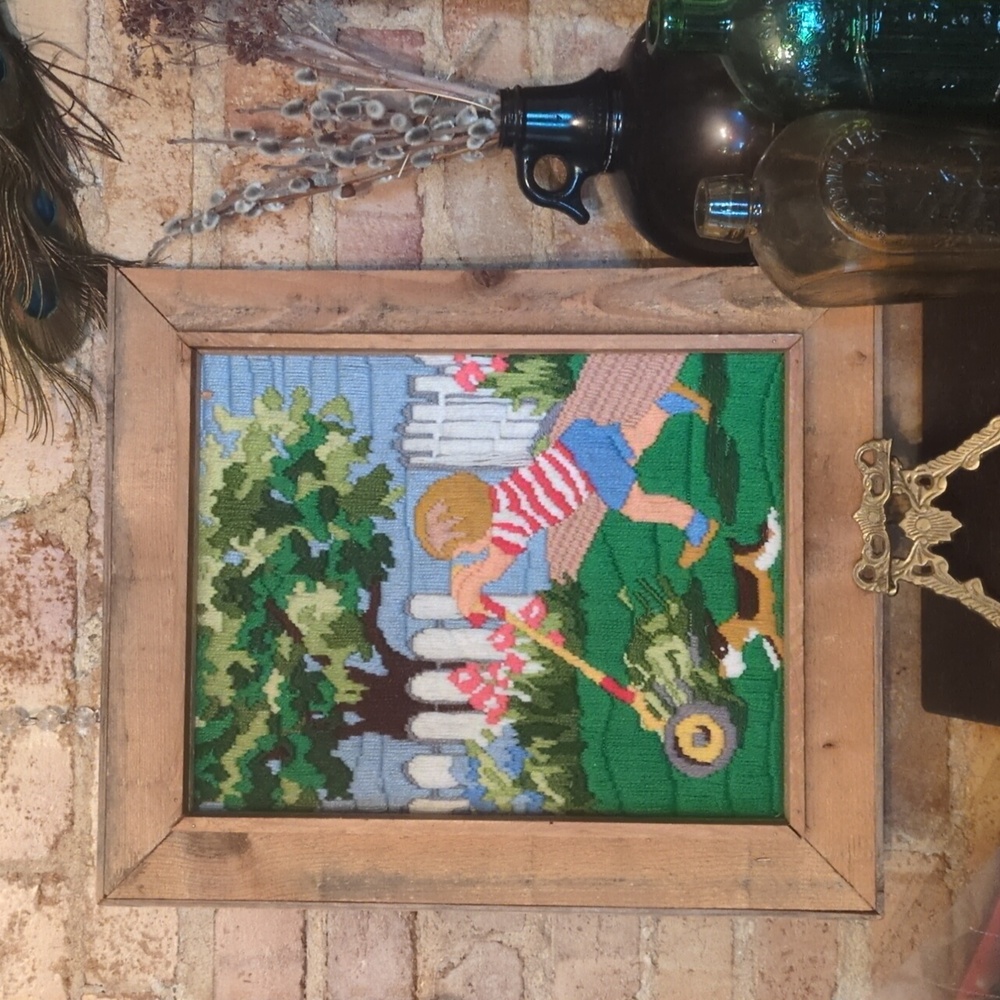 Vintage Needlepoint Art with Child and Dog